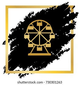 Ferris wheel sign. Vector. Golden icon at black spot inside golden frame on white background.