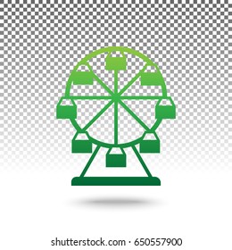 Ferris wheel sign. Vector. Green gradient icon with shadow at bottom on transparent and white background.