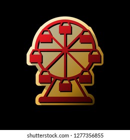 Ferris wheel sign. Vector. Red icon with small black and limitless shadows at golden sticker on black background.