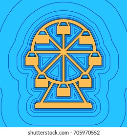 Ferris wheel sign. Vector. Sand color icon with black contour and equidistant blue contours like field at sky blue background. Like waves on map - island in ocean or sea.