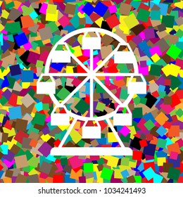Ferris wheel sign. Vector. White icon on colorful background with seamless pattern from squares.
