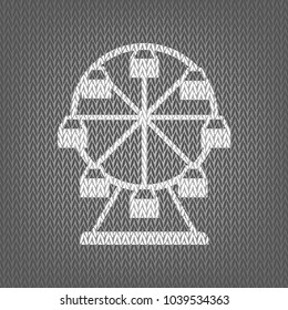 Ferris wheel sign. Vector. White knitted icon on gray knitted background. Isolated.