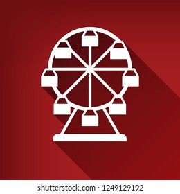 Ferris wheel sign. Vector. White icon with limitless shadow at ruby red background.