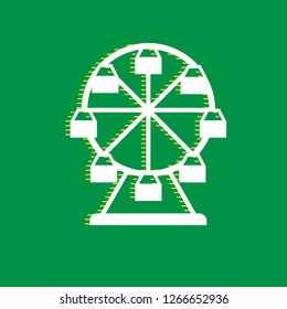 Ferris wheel sign. Vector. White flat icon with yellow striped shadow at green background.