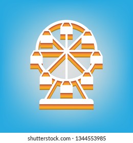 Ferris wheel sign. Vector. White icon with 3d warm-colored gradient body at sky blue background.