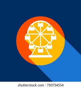 Ferris wheel sign. Vector. White icon on tangelo circle with infinite shadow of light at cool black background. Selective yellow and bright navy blue are produced.