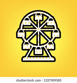 Ferris wheel sign. Vector. Yellow polka dot white icon with black contour at warm yellow background.