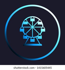 Ferris wheel sign. White, cyan and blue gradient icon as round button in white shell at dark blue background. Illustration.