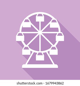 Ferris wheel sign. White Icon with long shadow at purple background. Illustration.