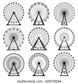 Silueta de la rueda de la fortuna, círculo. Carnaval. Carrusel, movimiento. Ilustración vectorial.