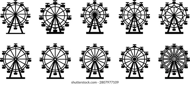 Ferris wheel silhouette vector set, amusement park ride icon collection, carnival attraction design, entertainment concept, minimal black and white art illustration