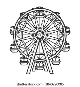 Ferris wheel sketch engraving vector illustration. T-shirt apparel print design. Scratch board imitation. Black and white hand drawn image.