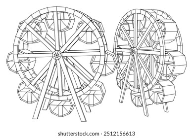 Roda gigante girando parque de diversões. Ilustração do vetor de malha de baixo poli do modelo de arames.