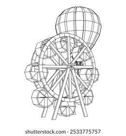 Roda gigante girando parque de diversões. Ilustração do vetor de malha de baixo poli do modelo de arames.