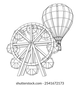 Roda gigante girando parque de diversões. Ilustração do vetor de malha de baixo poli do modelo de arames.