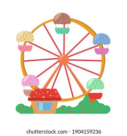 Ferris Wheel Spinning Flat Illustration.Cartoon Drawing. Retro, Vintage Attraction Isolated Design Element. Funfair, Carnival, Festival. Leisure Activities For Children Clipart