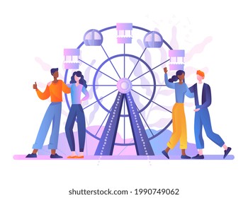 Ferris wheel spinning round in amusement park. Vintage attraction. Visitors spend spare time relaxing, get positive emotions. Flat abstract cartoon vector concept design isolated on white background.