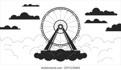 Ferris wheel sunset clouds black and white lofi wallpaper. Fairground heaven cloudscape 2D outline scene cartoon flat illustration. Park amusement sunrise vector line lo fi aesthetic background