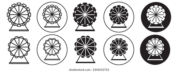 Ferris Wheel symbol Icon sign. Flat outlined vector set collection of roundabout theme park in fun fair for kids and children. Logo of eye prater london carnival outdoor family vacation amusement