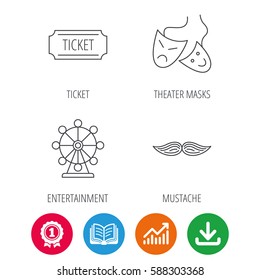 Ferris wheel, ticket and theater masks icons. Mustache linear sign. Award medal, growth chart and opened book web icons. Download arrow. Vector