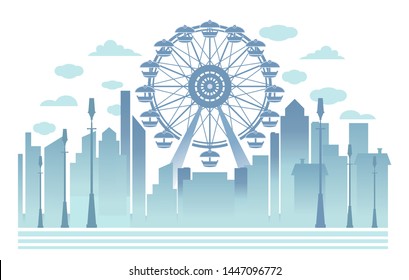 Ferris wheel towers over the city. Cityscape. Industrial landscape. Vector illustration