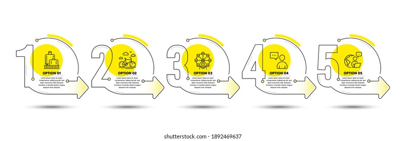 Ferris wheel, Users chat and Baggage reclaim line icons set. Timeline process infograph. Bike rental sign. Attraction park, Communication concept, Baggage carousel. Bicycle. Business set. Vector