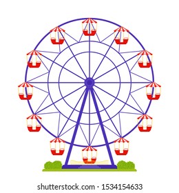 Ferris wheel. Vector. Amusement park carousel isolated. Big fun fair round. Carnival entertainment ride. Observation cabin. Cartoon colorful illustration. Circus red purple attraction in flat design.