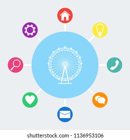 Ferris Wheel vector icon. Bonus icons: house, light bulb, phone, speech bubble, email, heart, magnifying glass, settings.