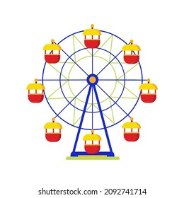 Ferris wheel. A wheel-shaped structure for viewing the city from above. Icon, clipart for website, applications about summer holidays, carousels, games for children. Vector flat illustration, cartoon 