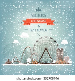 Ferris wheel. Winter carnival. Christmas, new year. Park with snow. Roller coaster.