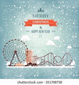 Ferris wheel. Winter carnival. Christmas, new year. Park with snow. Roller coaster.