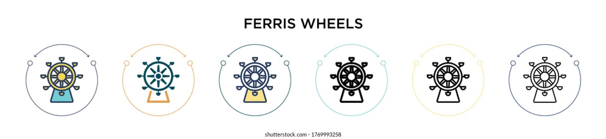 Ferris wheels icon in filled, thin line, outline and stroke style. Vector illustration of two colored and black ferris wheels vector icons designs can be used for mobile, ui, web
