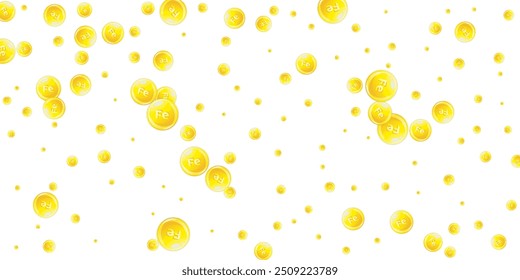Gotas redondas de ferritina esparcidas al azar.  Tratamiento de belleza y nutrición cuidado de la piel.   Concepto de vida saludable. Ilustración vectorial de vitaminas esenciales. 