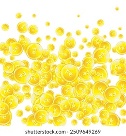 Ferritin round droplets scattered randomly.  Beauty treatment and nutrition skin care.   Medical and scientific background.  Healthy life concept.