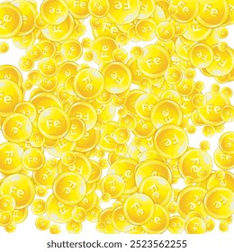 Ferritin round droplets scattered randomly.  Beauty treatment and nutrition skin care.   Wellness concept. Medical and scientific background. 