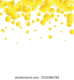Ferritin round droplets scattered randomly.  Beauty treatment and nutrition skin care.   Wellness concept. Essential vitamins vector illustration. 