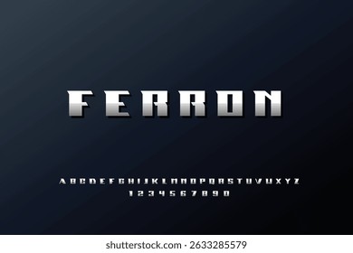 Ferron Font. Industrial Steel-Inspired Display Typeface with Bold Geometric Shapes. Metallic and Rugged Capital Letters for Strong Branding, Logos, and Heavy Design. Vector Illustration.