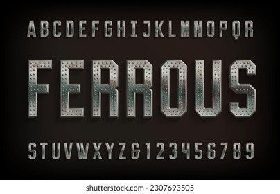 Fuente del alfabeto ferroso. Letras y números de metal de Shabby con remaches. Escritura vectorial de material para su diseño.