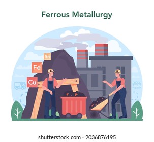 Ferrous metallurgy concept. Steel or metal extracting and production industry. Industrial mining, metallurgical industry. Vector flat illustration