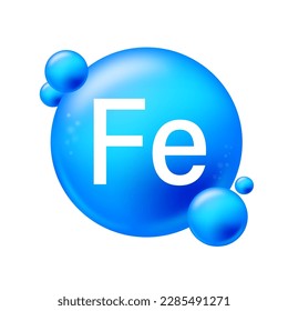 Ferrum, Fe. Icon structure chemical element round shape circle light blue. Chemical element of periodic table