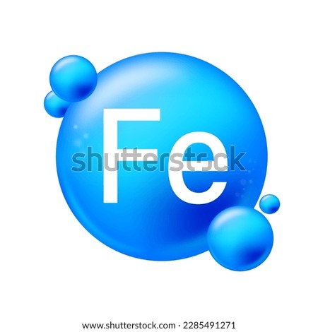 Ferrum, Fe. Icon structure chemical element round shape circle light blue. Chemical element of periodic table