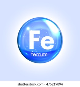 Ferrum mineral blue icon. Vector 3D glossy drop pill capsule. Iron metal mineral and vitamin complex. Healthy life medical and dietary supplement