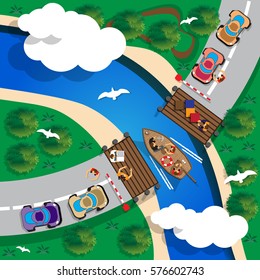 Ferry across the river. View from above. Vector illustration. 