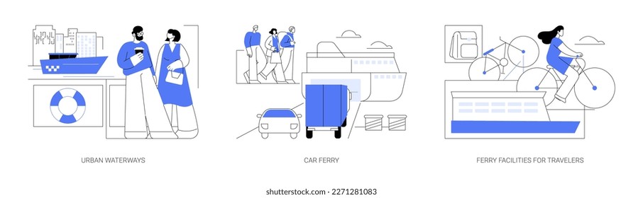 Conjunto de ilustraciones vectoriales abstractas de barcos de ferry. Vías fluviales urbanas, ferry para automóviles, instalaciones para viajeros, transporte comercial de agua, transporte de pasajeros, metáfora abstracta del puerto urbano.