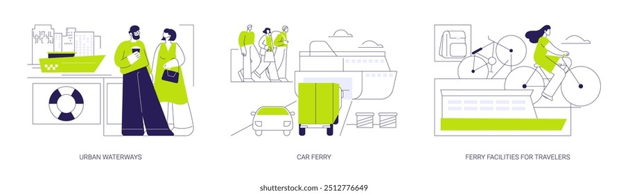 Barco de ferry conceito abstrato vetor ilustração conjunto. Vias navegáveis urbanas, balsa de carro, instalações para viajantes, transporte comercial de água, transporte de passageiros, metáfora abstrata do porto urbano.