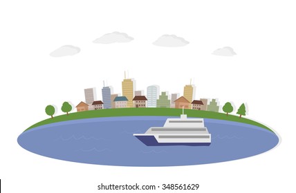 ferry boat with city landscape isolated on white background vector
