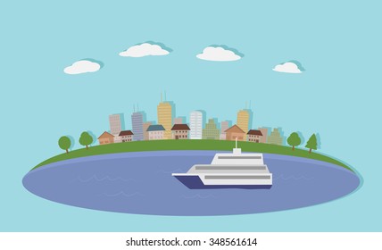 ferry boat with city landscape vector