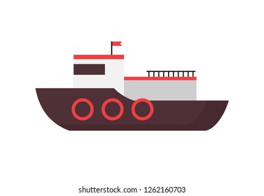Ferry boat with flag. Vessel, public transport, navigation. Can be used for topics like tourism, cruise, port