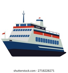 Barco de ferry en estilo plano, aislado sobre fondo blanco. Buque de transporte de pasajeros y vehículos utilizado para viajes marítimos y fluviales. Ilustración vectorial apta para transporte y turismo