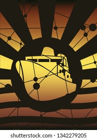 Ferry boat icon. Abstract sun burst and waves. Connected lines and dots texture